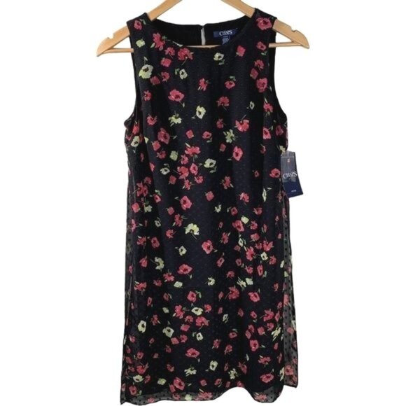 Chaps Black Floral Sleeveless Shift Dress Small Boho Work Party Classic - Picture 1 of 11